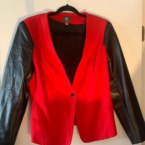 Red Vince Camuto blazer faux leather sleeves